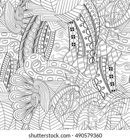 Tracery seamless calming pattern. Mehndi design. Ethnic monochrome binary doodle texture. Curved doodling black and white background. Vector.