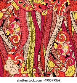 Tracery seamless calming pattern. Mehndi design. Ethnic colorful doodle texture. Curved doodling background. Vector.