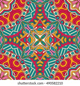 Tracery seamless calming pattern. Mehndi design. Ethnic colorful doodle texture. Curved doodling background. Vector.