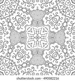 Tracery seamless calming pattern. Mehndi design. Ethnic monochrome binary doodle texture. Curved doodling black and white background. Vector.
