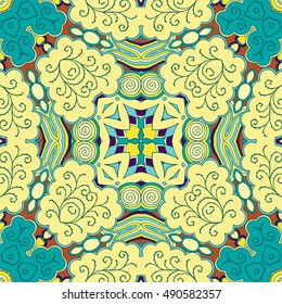 Tracery seamless calming pattern. Mehndi design. Ethnic colorful doodle texture. Curved doodling background. Vector.
