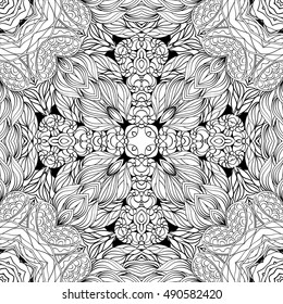 Tracery seamless calming pattern. Mehndi design. Ethnic monochrome binary doodle texture. Curved doodling black and white background. Vector.