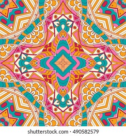 Tracery seamless calming pattern. Mehndi design. Ethnic colorful doodle texture. Curved doodling background. Vector.