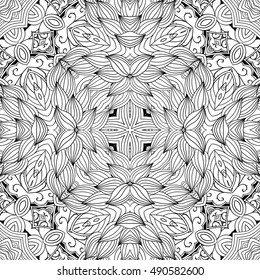 Tracery seamless calming pattern. Mehndi design. Ethnic monochrome binary doodle texture. Curved doodling black and white background. Vector.