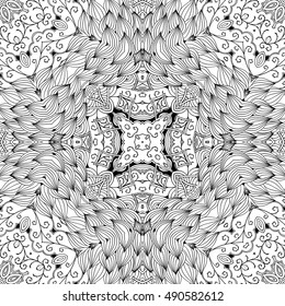 Tracery seamless calming pattern. Mehndi design. Ethnic monochrome binary doodle texture. Curved doodling black and white background. Vector.