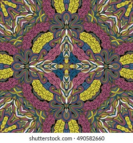 Tracery seamless calming pattern. Mehndi design. Ethnic colorful doodle texture. Curved doodling background. Vector.