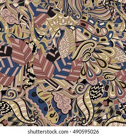 Tracery seamless calming pattern. Mehndi design. Ethnic colorful doodle texture. Curved doodling background. Vector.