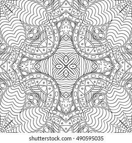 Tracery seamless calming pattern. Mehndi design. Ethnic monochrome binary doodle texture. Curved doodling black and white background. Vector.