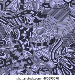 Tracery seamless calming pattern. Mehndi design. Ethnic colorful doodle texture. Curved doodling background. Vector.