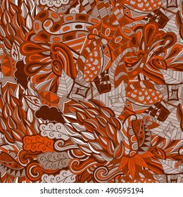 Tracery seamless calming pattern. Mehndi design. Ethnic colorful doodle texture. Curved doodling background. Vector.