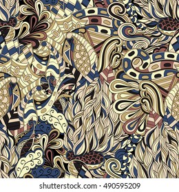 Tracery seamless calming pattern. Mehndi design. Ethnic colorful doodle texture. Curved doodling background. Vector.