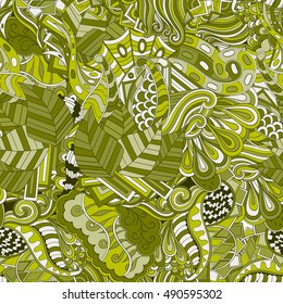 Tracery seamless calming pattern. Mehndi design. Ethnic colorful doodle texture. Curved doodling background. Vector.