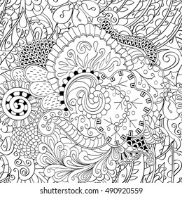 Tracery seamless calming pattern. Mehndi design. Ethnic monochrome binary doodle texture. Curved doodling black and white background. Vector.