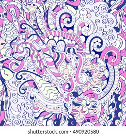 Tracery seamless calming pattern. Mehndi design. Ethnic colorful doodle texture. Curved doodling background. Vector.