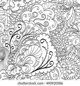 Tracery seamless calming pattern. Mehndi design. Ethnic monochrome binary doodle texture. Curved doodling black and white background. Vector.