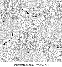 Tracery seamless calming pattern. Mehndi design. Ethnic monochrome binary doodle texture. Curved doodling black and white background. Vector.