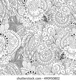 Tracery seamless calming pattern. Mehndi design. Ethnic monochrome binary doodle texture. Curved doodling black and white background. Vector.