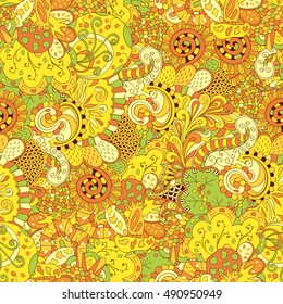 Tracery seamless calming pattern. Mehndi design. Ethnic colorful doodle texture. Curved doodling background. Vector.