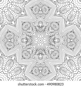 Tracery seamless calming pattern. Mehndi design. Ethnic monochrome binary doodle texture. Curved doodling black and white background. Vector.