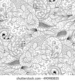 Tracery seamless calming pattern. Mehndi design. Ethnic monochrome binary doodle texture. Curved doodling black and white background. Vector.