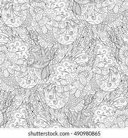 Tracery seamless calming pattern. Mehndi design. Ethnic monochrome binary doodle texture. Curved doodling black and white background. Vector.