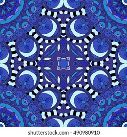 Tracery seamless calming pattern. Mehndi design. Ethnic colorful doodle texture. Curved doodling background. Vector.