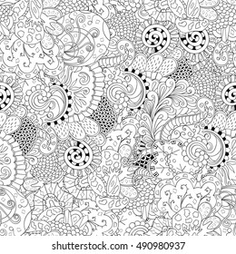 Tracery seamless calming pattern. Mehndi design. Ethnic monochrome binary doodle texture. Curved doodling black and white background. Vector.