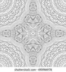 Tracery seamless calming pattern. Mehndi design. Ethnic monochrome binary doodle texture. Curved doodling black and white background. Vector.