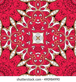 Tracery seamless calming pattern. Mehndi design. Ethnic colorful doodle texture. Curved doodling background. Vector.