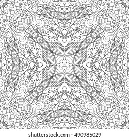 Tracery seamless calming pattern. Mehndi design. Ethnic monochrome binary doodle texture. Curved doodling black and white background. Vector.