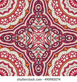 Tracery seamless calming pattern. Mehndi design. Ethnic colorful doodle texture. Curved doodling background. Vector.