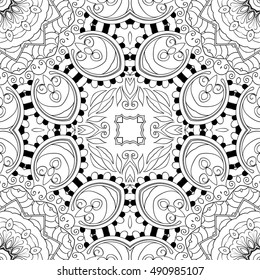 Tracery seamless calming pattern. Mehndi design. Ethnic monochrome binary doodle texture. Curved doodling black and white background. Vector.