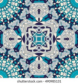 Tracery seamless calming pattern. Mehndi design. Ethnic colorful doodle texture. Curved doodling background. Vector.