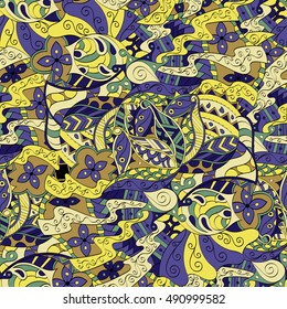 Tracery seamless calming pattern. Mehndi design. Ethnic colorful doodle texture. Curved doodling background. Vector.