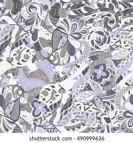 Tracery seamless calming pattern. Mehndi design. Ethnic colorful doodle texture. Curved doodling background. Vector.