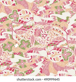 Tracery seamless calming pattern. Mehndi design. Ethnic colorful doodle texture. Curved doodling background. Vector.