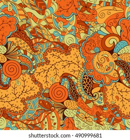 Tracery seamless calming pattern. Mehndi design. Ethnic colorful doodle texture. Curved doodling background. Vector.