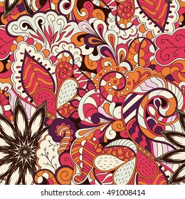 Tracery seamless calming pattern. Mehndi design. Ethnic colorful doodle texture. Curved doodling background. Vector.