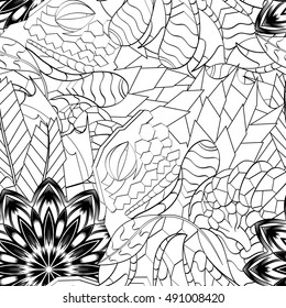 Tracery seamless calming pattern. Mehndi design. Ethnic monochrome binary doodle texture. Curved doodling black and white background. Vector.