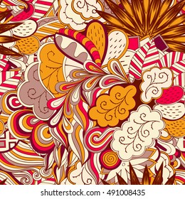Tracery seamless calming pattern. Mehndi design. Ethnic colorful doodle texture. Curved doodling background. Vector.