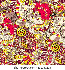 Tracery seamless calming pattern. Mehndi design. Ethnic colorful doodle texture. Curved doodling background. Vector.
