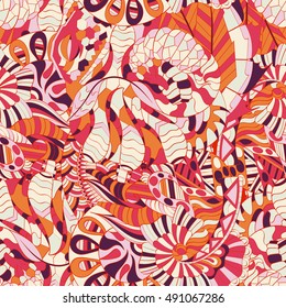 Tracery seamless calming pattern. Mehndi design. Ethnic colorful doodle texture. Curved doodling background. Vector.