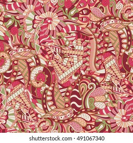 Tracery seamless calming pattern. Mehndi design. Ethnic colorful doodle texture. Curved doodling background. Vector.