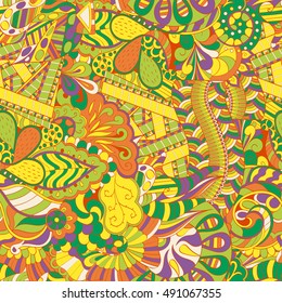 Tracery seamless calming pattern. Mehndi design. Ethnic colorful doodle texture. Curved doodling background. Vector.