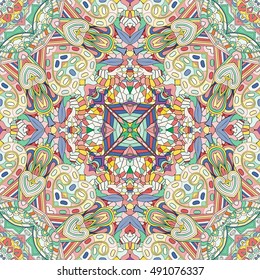 Tracery seamless calming pattern. Mehndi design. Ethnic colorful doodle texture. Curved doodling background. Vector.