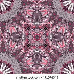Tracery seamless calming pattern. Mehndi design. Ethnic colorful doodle texture. Curved doodling background. Vector.