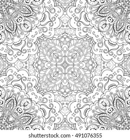 Tracery seamless calming pattern. Mehndi design. Ethnic monochrome binary doodle texture. Curved doodling black and white background. Vector.