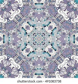 Tracery seamless calming pattern. Mehndi design. Ethnic colorful doodle texture. Curved doodling background. Vector.