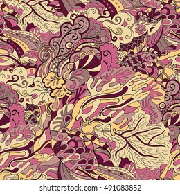 Tracery seamless calming pattern. Mehndi design. Ethnic colorful doodle texture. Curved doodling background. Vector.