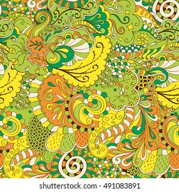 Tracery seamless calming pattern. Mehndi design. Ethnic colorful doodle texture. Curved doodling background. Vector.